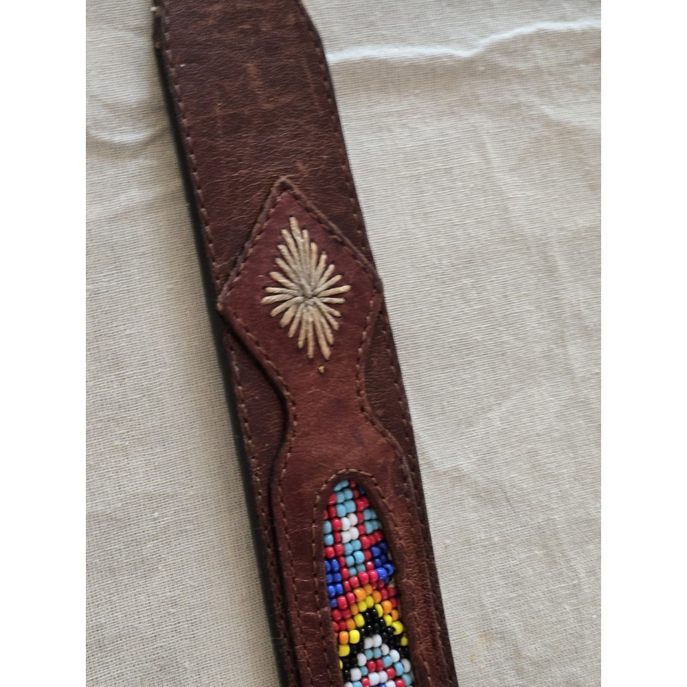 Vintage Belt Leather Beaded Leegin Montana Silvertone Brass Buckle Western - Picture 8 of 11